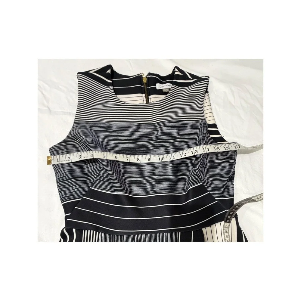 Calvin Klein Womens Black White Striped Fit Flare‎ Dress Moon Zipper Size 10